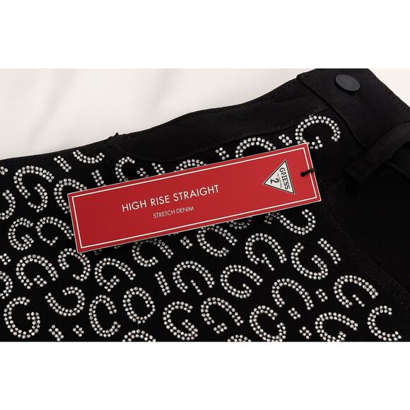 GUESS Women’s Black Rhinestone “G” High Rise Straight Fit Sexy Jeans 28x28 NEW - Picture 3 of 7